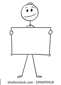 Cartoon stick man drawing conceptual illustration of businessman holding empty or blank paper or sign.