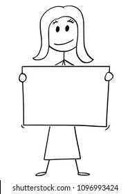 Cartoon stick man drawing conceptual illustration of woman or businesswoman holding empty or blank paper or sign.