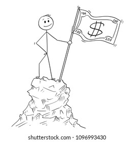 Cartoon stick man drawing conceptual illustration of businessman standing with dollar bill flag on peak or top of the mountain. Business concept of financial success.