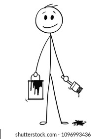 Cartoon stick man drawing conceptual illustration of smiling businessman with brush and paint can.Ready to add your text or drawing.