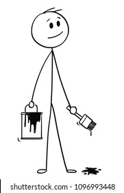 Cartoon stick man drawing conceptual illustration of smiling businessman with brush and paint can.Ready to add your text or drawing.