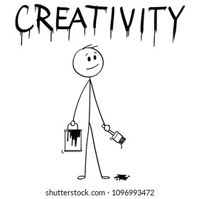 Cartoon stick man drawing conceptual illustration of businessman with brush and paint can painting or drawing the word creativity.
