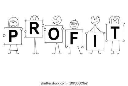 Cartoon stick man drawing conceptual illustration of businessmen and businesswomen holding signs with profit text. Business concept of success.
