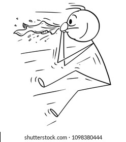 Cartoon stick man drawing conceptual illustration of man blown by sneeze or nose blow. Concept of allergy, cold and health.