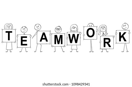 Cartoon stick man drawing conceptual illustration of businessmen and businesswomen holding signs with teamwork text. Business concept of communication and leadership .