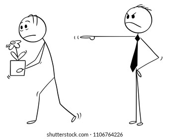 Cartoon stick man drawing conceptual illustration of worker, employee or businessman holding plant in pot and leaving office fired by manager or boss.
