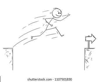 Cartoon stick man drawing conceptual illustration of businessman jumping over the chasm. Business concept of overcoming obstacle and facing challenge.
