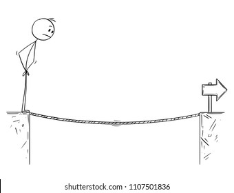 Cartoon stick man drawing conceptual illustration of businessman facing tightrope over the chasm. Business concept of challenge and obstacle.