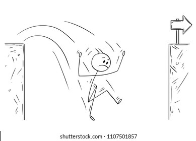 Cartoon stick man drawing conceptual illustration of unsuccessful businessman falling in to chasm.Business concept of challenge and fail.