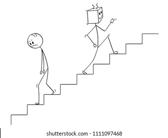 Cartoon stick man drawing conceptual illustration of human going down the stairs and robot moving up quickly. Concept of artificial intelligence or ai superiority and replacing declining mankind.