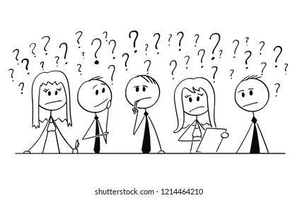 Cartoon stick man drawing conceptual illustration of group of five business people, businessmen and businesswomen, thinking about problem with question marks around them. Concept of cooperation and