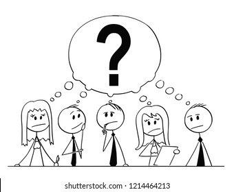 Cartoon stick man drawing conceptual illustration of group of five business people, businessmen and businesswomen, thinking about problem with big question mark above them. Concept of cooperation and