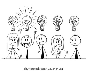 Cartoon stick man drawing conceptual illustration of group of five business people, businessmen and businesswomen, thinking about problem with light bulbs above them. Problem solved by one of them