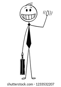 Cartoon stick man drawing conceptual illustration of cheerful, optimistic and smiling businessman waving his hand.