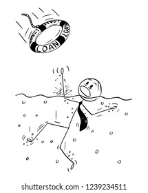 Cartoon stick man drawing conceptual illustration of businessman drowning in water, someone just throw him lifebuoy. Business concept of company drowning in depths and rescued by loan.