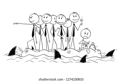 Cartoon stick man drawing conceptual illustration of group of unworried reckless businessman or politicians on old unstable inflatable rubber boat. Sharks circle around.