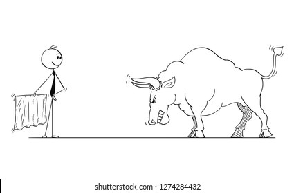 Cartoon stick man drawing conceptual illustration of businessman bullfighter or matador provoking big bull as rising market prices symbol with red cloth or muleta.