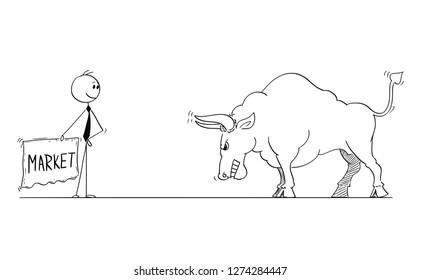 Cartoon Stick Man Drawing Conceptual Illustration Of Businessman Bullfighter Or Matador Provoking Big Bull As Rising Market Prices Symbol With Red Cloth Or Muleta.