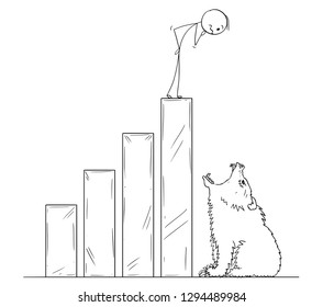 Cartoon stick man drawing conceptual illustration of businessman standing on raising financial chart ending by open mouth of bear. Metaphor of bear market and market crisis.