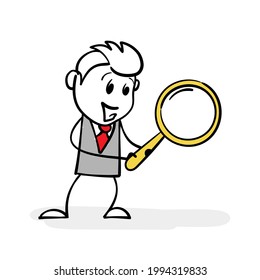 Cartoon stick man drawing of conceptual illustration of happy businessman looking through magnifying glass and searching for something with magnifying hand glass or magnifier. Find, discovery concept.