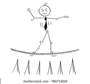 Cartoon stick man drawing conceptual illustration of business man balancing walking on tightrope rope above sharp stakes.