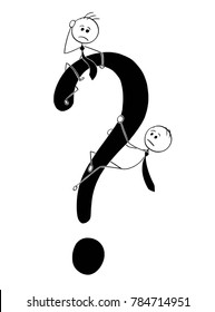 Cartoon stick man drawing conceptual illustration of two business men climbing large question mark symbol. Concept of looking for answers.
