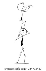 Cartoon stick man drawing conceptual illustration of businessman with spyglass looking for the future.