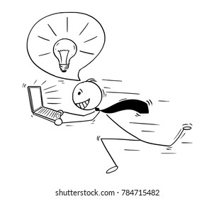 Cartoon stick man drawing conceptual illustration of businessman who got great idea running with laptop notebook computer and light bulb in speech bubble above his head.