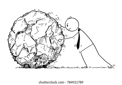 Cartoon stick man drawing conceptual illustration of businessman rolling large rock. Concept of hard business task.