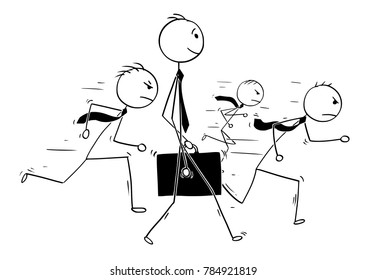 Cartoon stick man drawing conceptual illustration of businessman standing out of the crowd . Concept of business individuality.