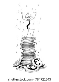 Cartoon stick man drawing conceptual illustration of businessman enjoying or celebrating on pile or stack of Euro coins. Concept of business success.