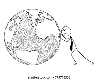 Cartoon stick man drawing conceptual illustration of businessman pushing or rolling world Earth globe. Business concept of international, global, worldwide business and responsibility.