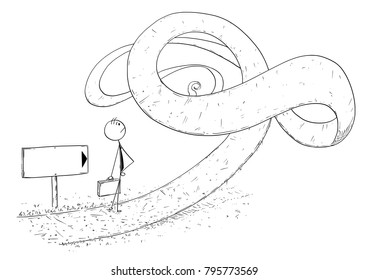 Cartoon stick man drawing conceptual illustration of businessman facing obstacle or problem in his way. Business concept of crisis and career difficulty.