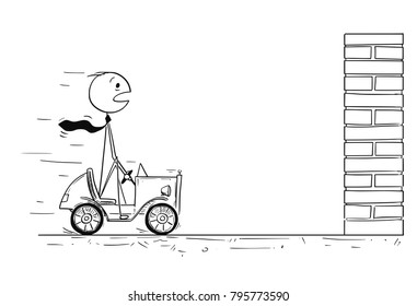 Cartoon stick man drawing conceptual illustration of businessman driving small car facing obstacle or problem in his way. Business concept of success, crisis and career difficulty.