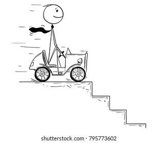 Cartoon stick man drawing conceptual illustration of businessman driving small car facing obstacle or problem in his way. Business concept of success, crisis and career difficulty.