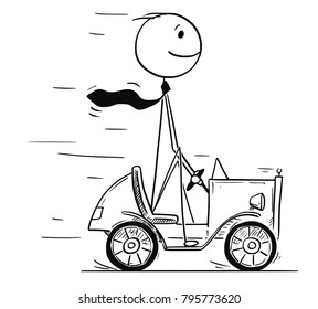 Cartoon stick man drawing conceptual illustration of businessman driving small car on his way to success. Business concept of success and career.