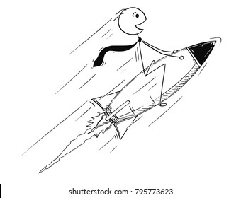 Cartoon stick man drawing conceptual illustration of businessman driving rocket on his way to success. Business concept of success and career.