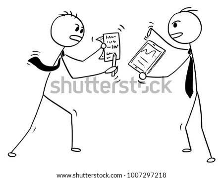 Cartoon stick man drawing conceptual illustration of two businessmen fighting or arguing.