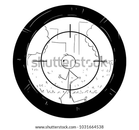 Cartoon stick man drawing conceptual illustration of jogging or running man being targeted by scope of sniper.