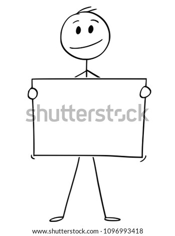Cartoon stick man drawing conceptual illustration of businessman holding empty or blank paper or sign.