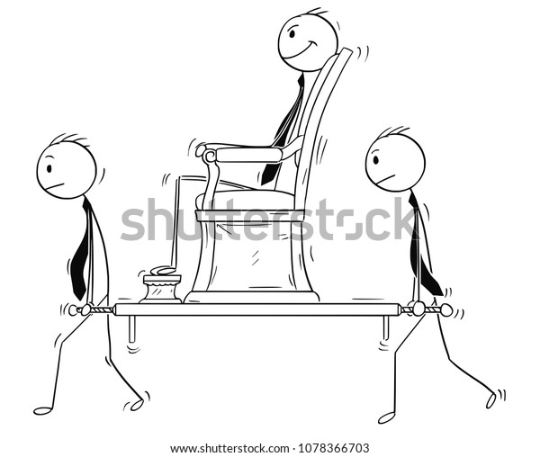 Cartoon stick man\
drawing conceptual illustration of businessman sitting in sedan\
chair carried by two subordinates. Business concept of seniority,\
subordination and\
power.
