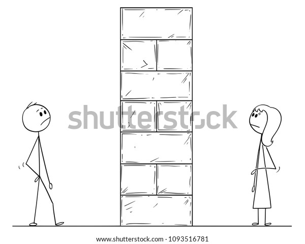 Cartoon stick man drawing conceptual\
illustration of man and woman divided by high wall obstacle.\
Concept of relationship\
difficulties.