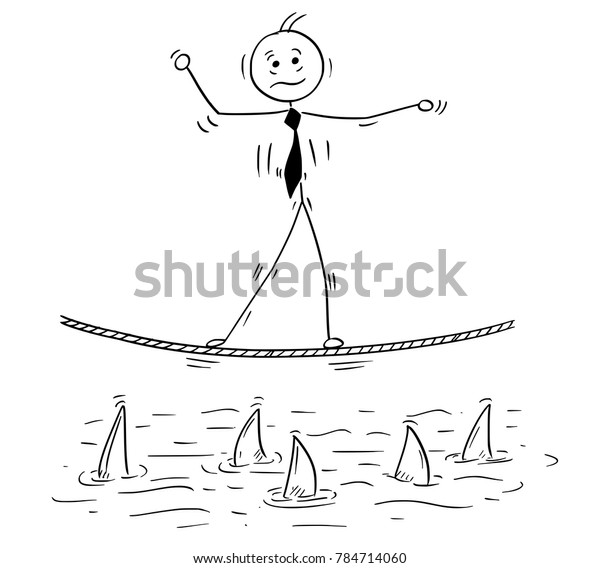 Cartoon\
stick man drawing conceptual illustration of business man balancing\
walking on tightrope rope above shark\
water.