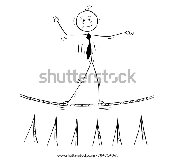 Cartoon\
stick man drawing conceptual illustration of business man balancing\
walking on tightrope rope above sharp\
stakes.