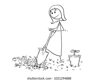 Cartoon stick man drawing illustration of gardener on garden digging a hole for plant with shovel or spade.