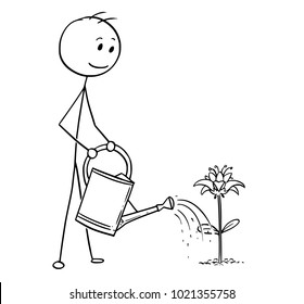 Cartoon stick man drawing illustration of gardener on garden watering blooming plant with can.