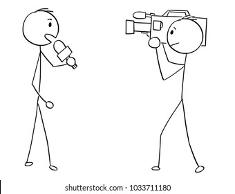 Cartoon stick man drawing illustration of tv or television news reporter and cameraman.
