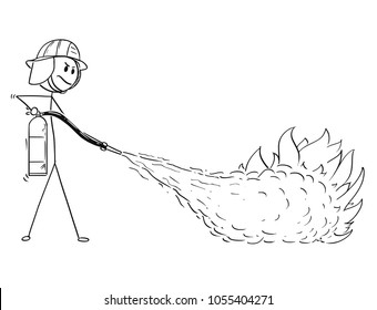 Cartoon stick man drawing illustration of firefighter fighting the fire using extinguisher.