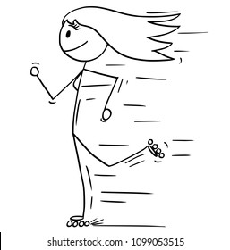 Cartoon stick man drawing illustration of inline roller skating woman or girl on rollerblades.