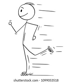 Cartoon stick man drawing illustration of inline roller skating man or boy on rollerblades.
